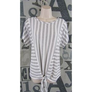 Jones New York Signature Women XL Top White & Gray Stripe Tie Front Hem Stretch